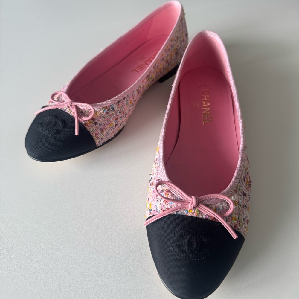 Chanel Pink and Black Tweed Women's Flats